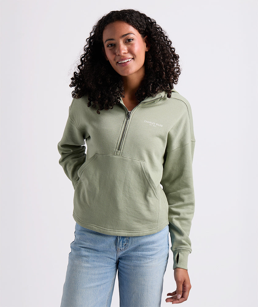 Sage scallop hem hoodie, front view, hand in pocket